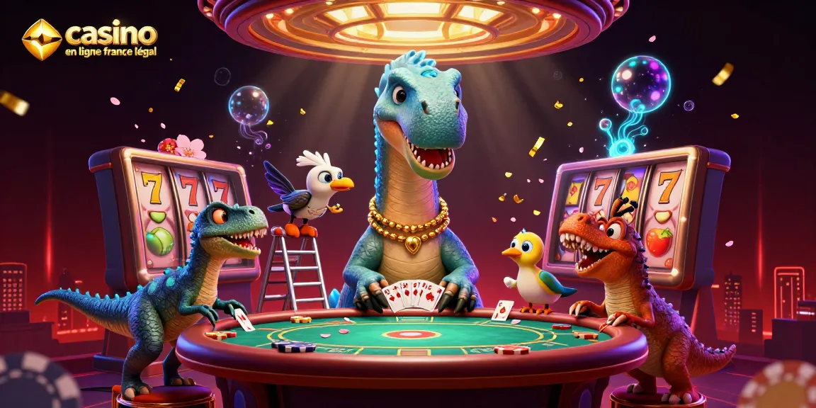 Ce visuel captivant présente un brontosaurus au-dessus d'une table de poker, évoquant le monde du casino en ligne France légal.