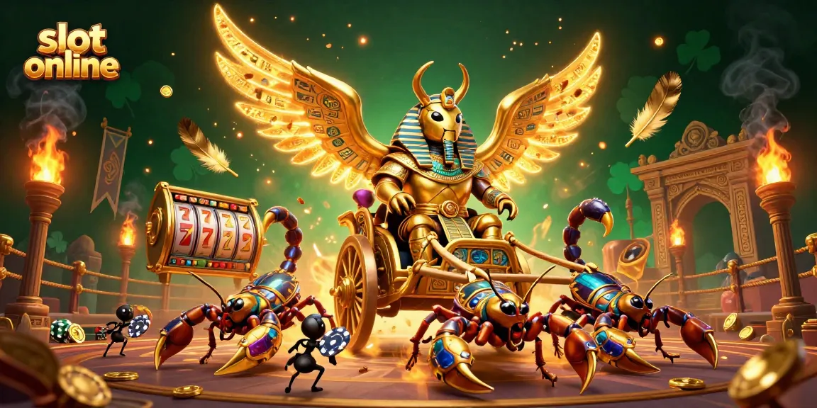 Spin reels and win big with the captivating slot online scene featuring a golden scarab and scorpions.