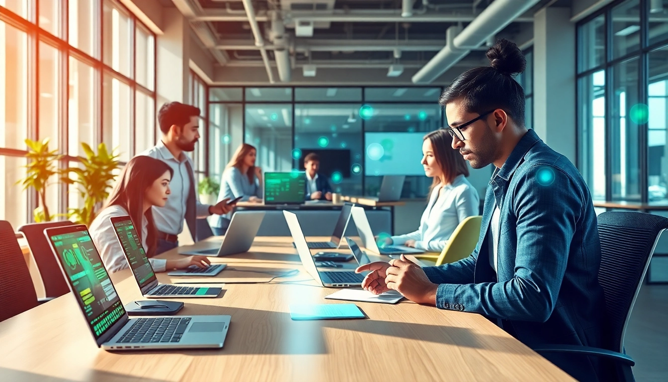 Engage with an AI assistant for enterprise in a collaborative office environment, enhancing productivity.