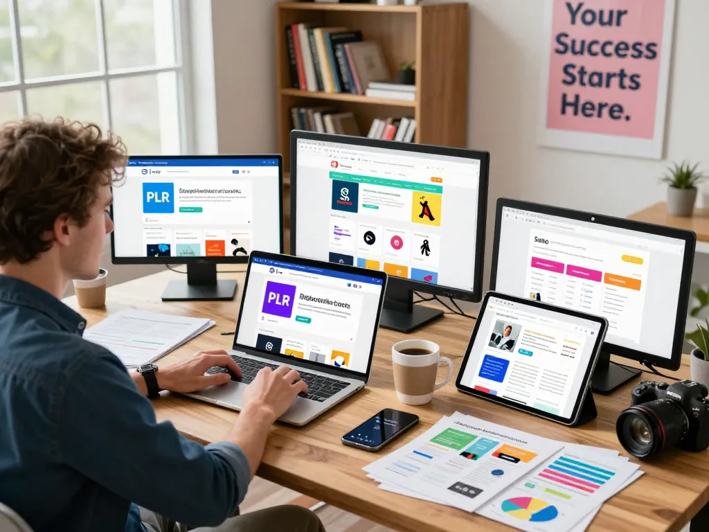Entrepreneur exploring PLR Digital Products for Sale in a modern workspace with marketing tools.