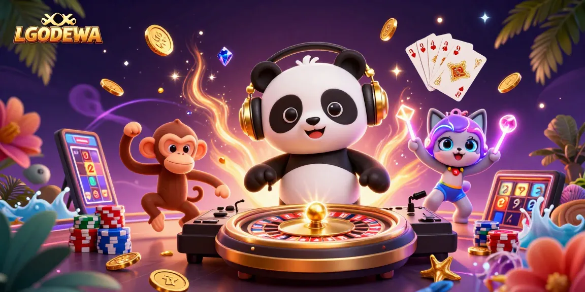 Spin towards big wins at LGODEWA with a vibrant casino scene featuring a DJ panda and fun elements.