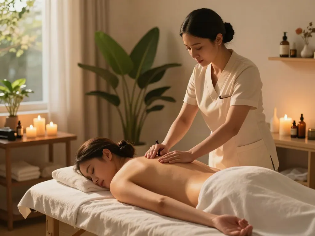 Experience 광진구출장마사지 with a serene massage scene featuring a therapist applying aromatic oils in a calming wellness studio.