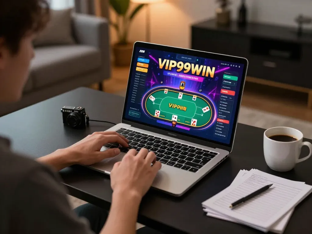 Playing poker on VIP99WIN's online platform with a cozy home gaming setup