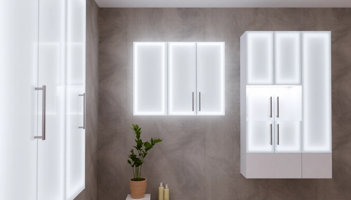Showcasing illuminated bathroom cabinets that enhance modern bathroom aesthetics.