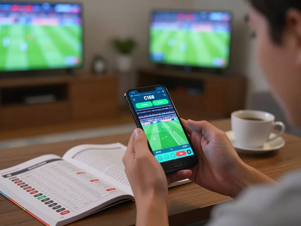 C168 user placing a bet on a smartphone while enjoying a sports event at home