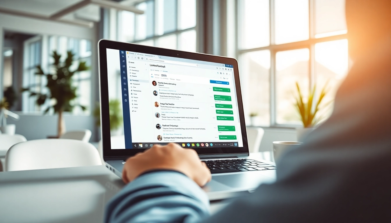 Scrape LinkedIn search results on a laptop in a modern office environment.
