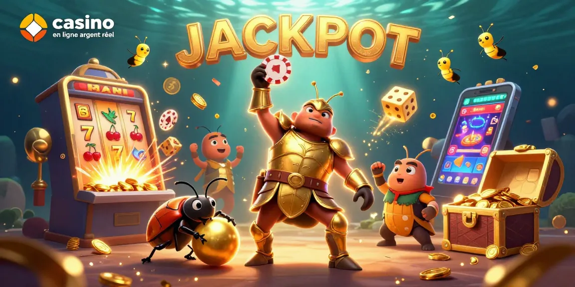 Jouez à casino en ligne argent réel avec cette illustration dynamique de machines à sous et lots dorés.