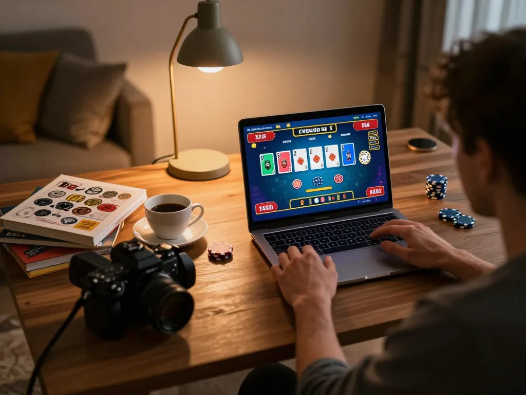 Engaging in keonhacai 5 online live dealer game on a modern laptop in a cozy home office.