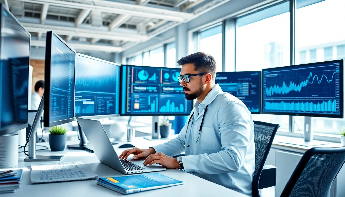 Engaging scene of technology application in data science within a modern office.