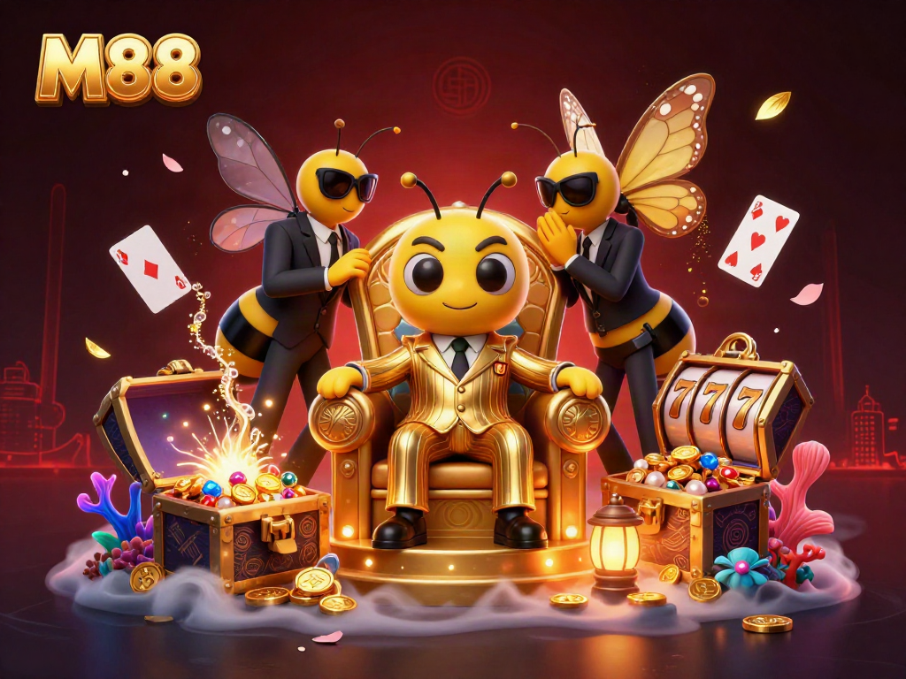 Engage with M88's vibrant casino scene featuring a cartoon bee mob boss amidst rich treasures.