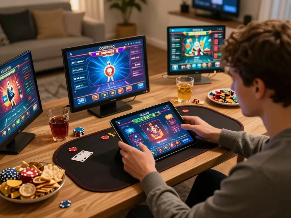 Engaged player using casino app for c168 gaming strategy on tablet during home session
