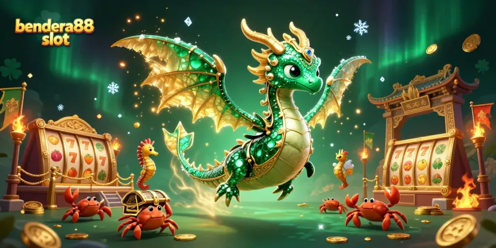 Bendera88 slot menyajikan ilustrasi kasino yang kaya dengan naga laut, putri duyung, dan simbol permainan reflektif