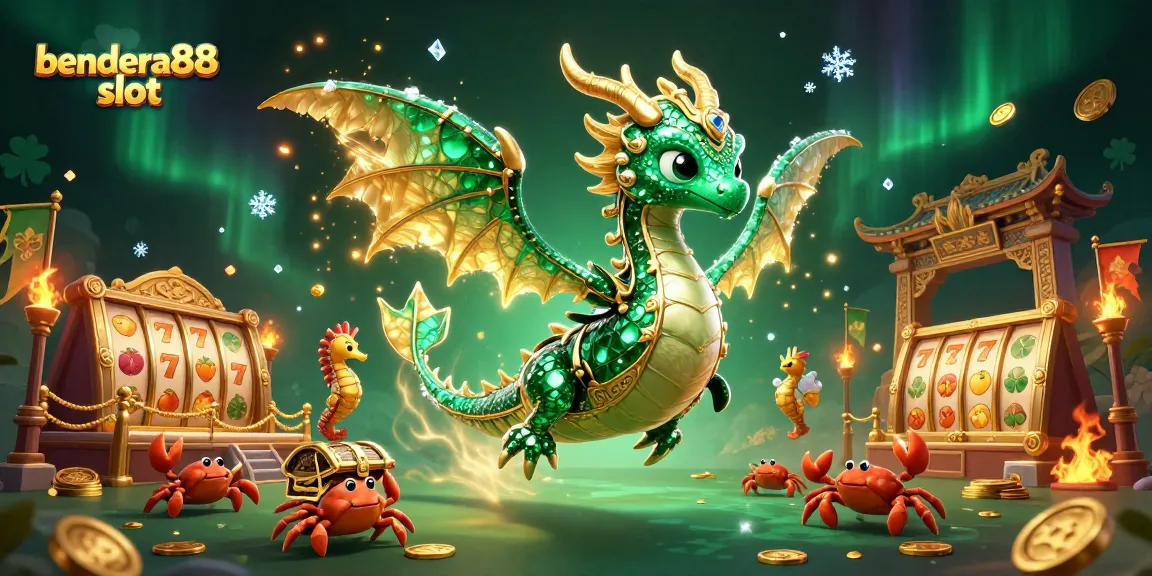 Bendera88 slot menyajikan ilustrasi kasino yang kaya dengan naga laut, putri duyung, dan simbol permainan reflektif