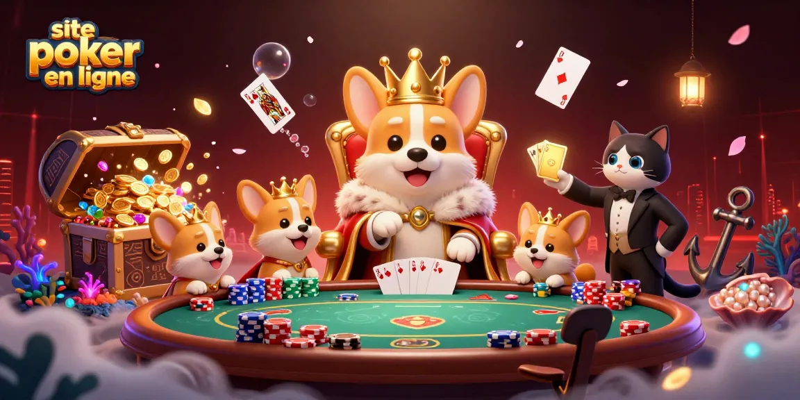 Découvrez le meilleur site poker en ligne avec cette illustration captivante d'un corgi royal entouré de jeux de cartes et de jetons.