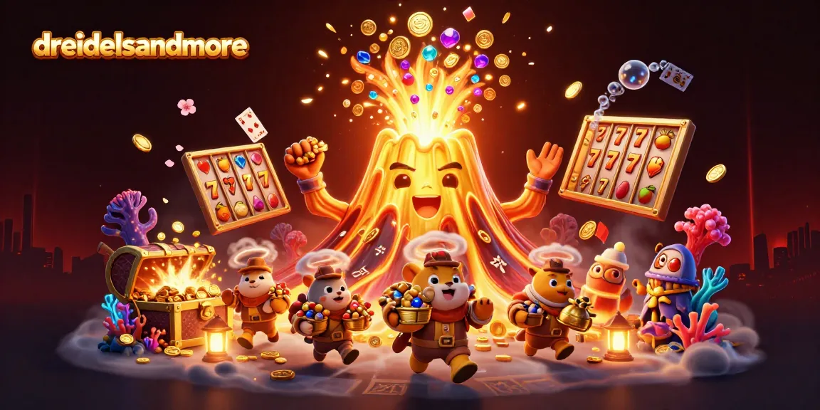 Experience a magical gameplay adventure with dreidelsandmore, featuring a triumphant volcano erupting treasures amidst vibrant casino elements!