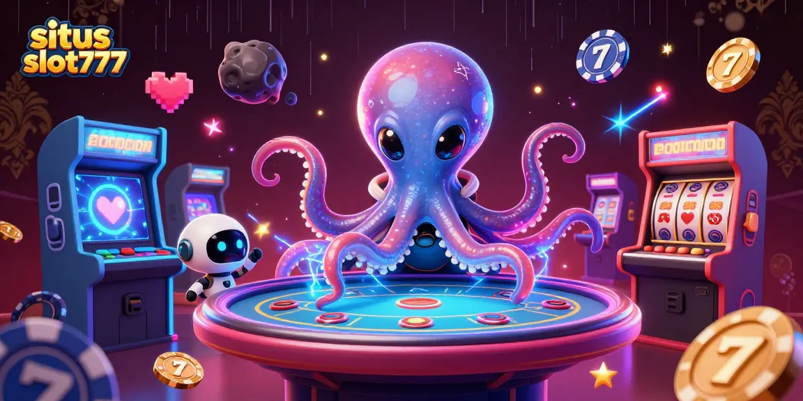 Situs slot777 features a colorful alien octopus at a holographic poker table surrounded by dynamic casino elements.