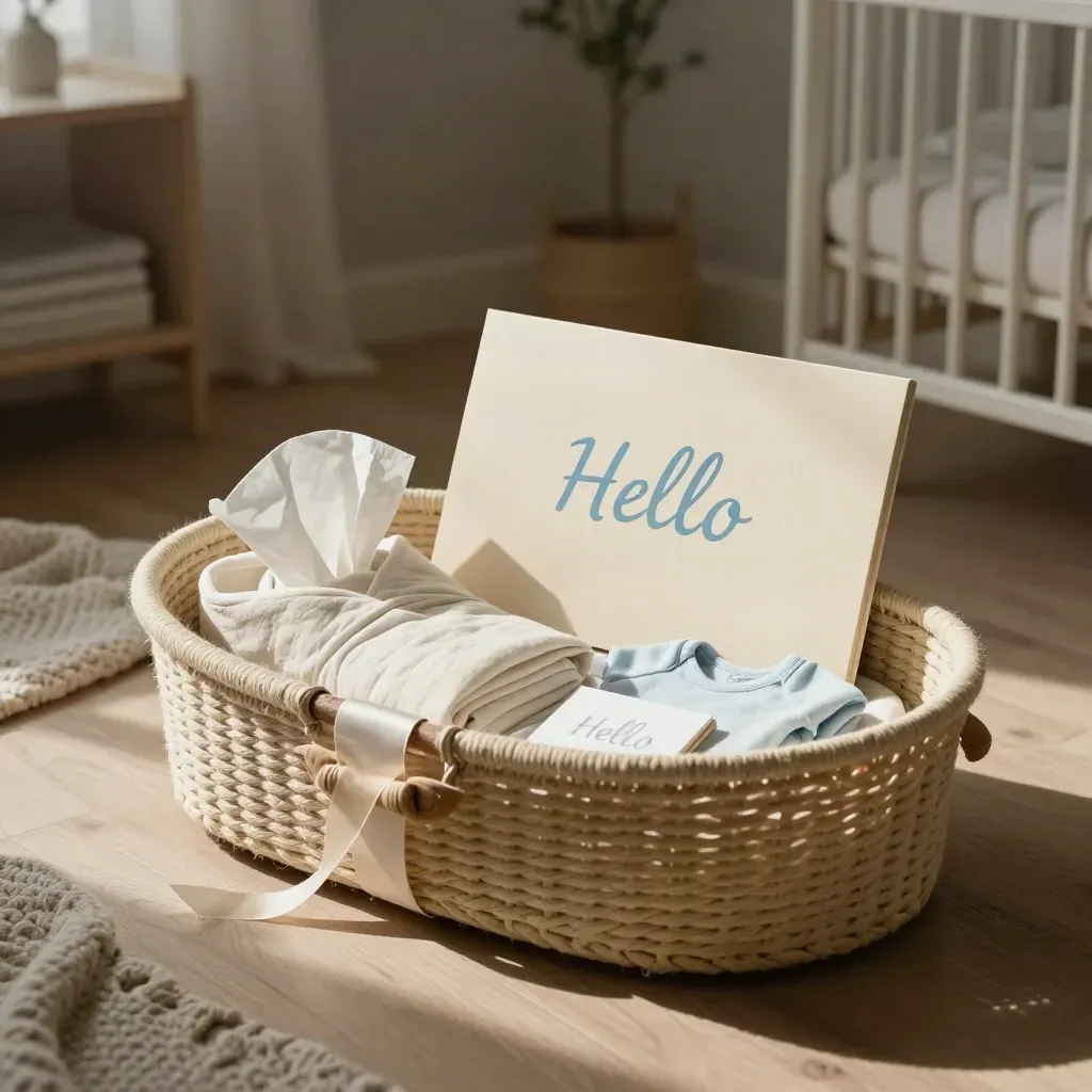 Baby gift set in a woven bassinet by a crib, with swaddle, onesie, card box, and soft blue accent