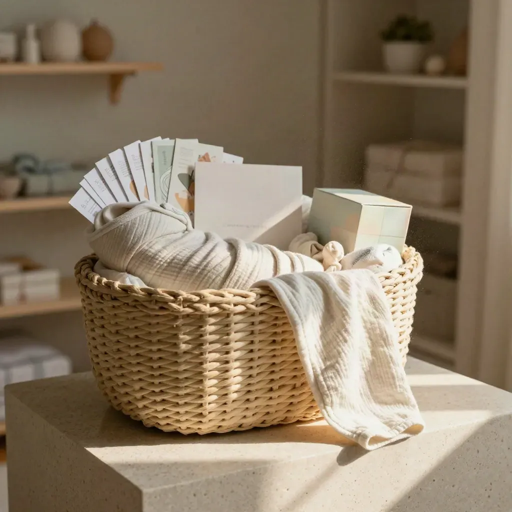 Newborn gift basket with swaddle, onesie and milestone cards on a stone nursery plinth