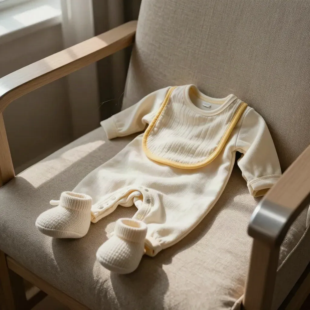 Macro baby onesie set on a linen nursery chair with booties and bib, warm moody light.
