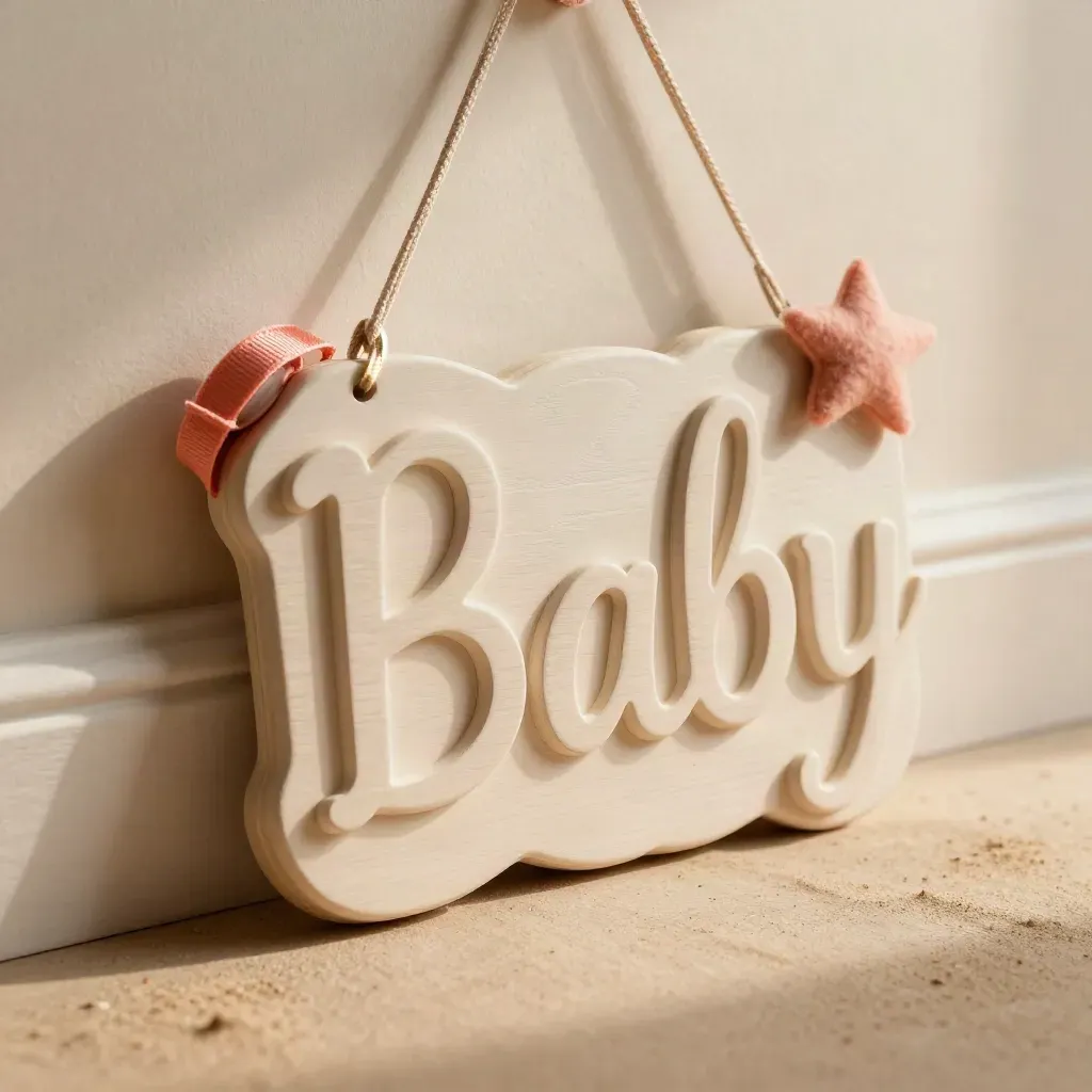 Macro of a painted wood baby name wall sign with coral ribbon spool, felt star, and plaster plinth.