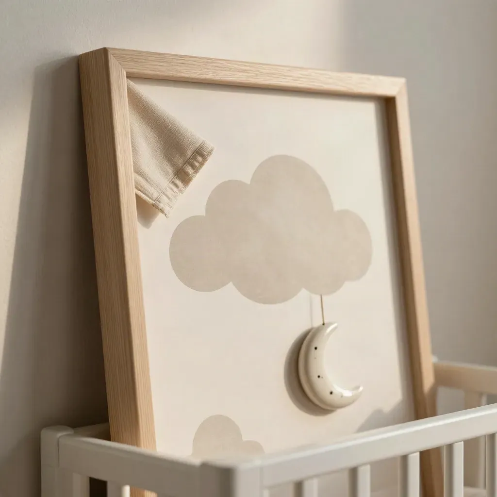 Framed nursery cloud art with linen and ceramic moon in soft afternoon light