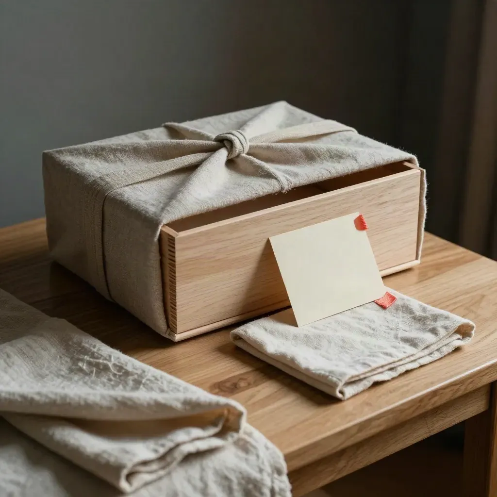 Gift box with linen wrap, wooden keepsake and muslin square on a pale oak side table.
