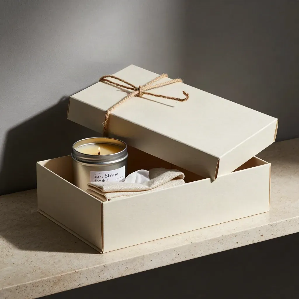 Open gift box with twine, candle tin, and muslin on a stone shelf.