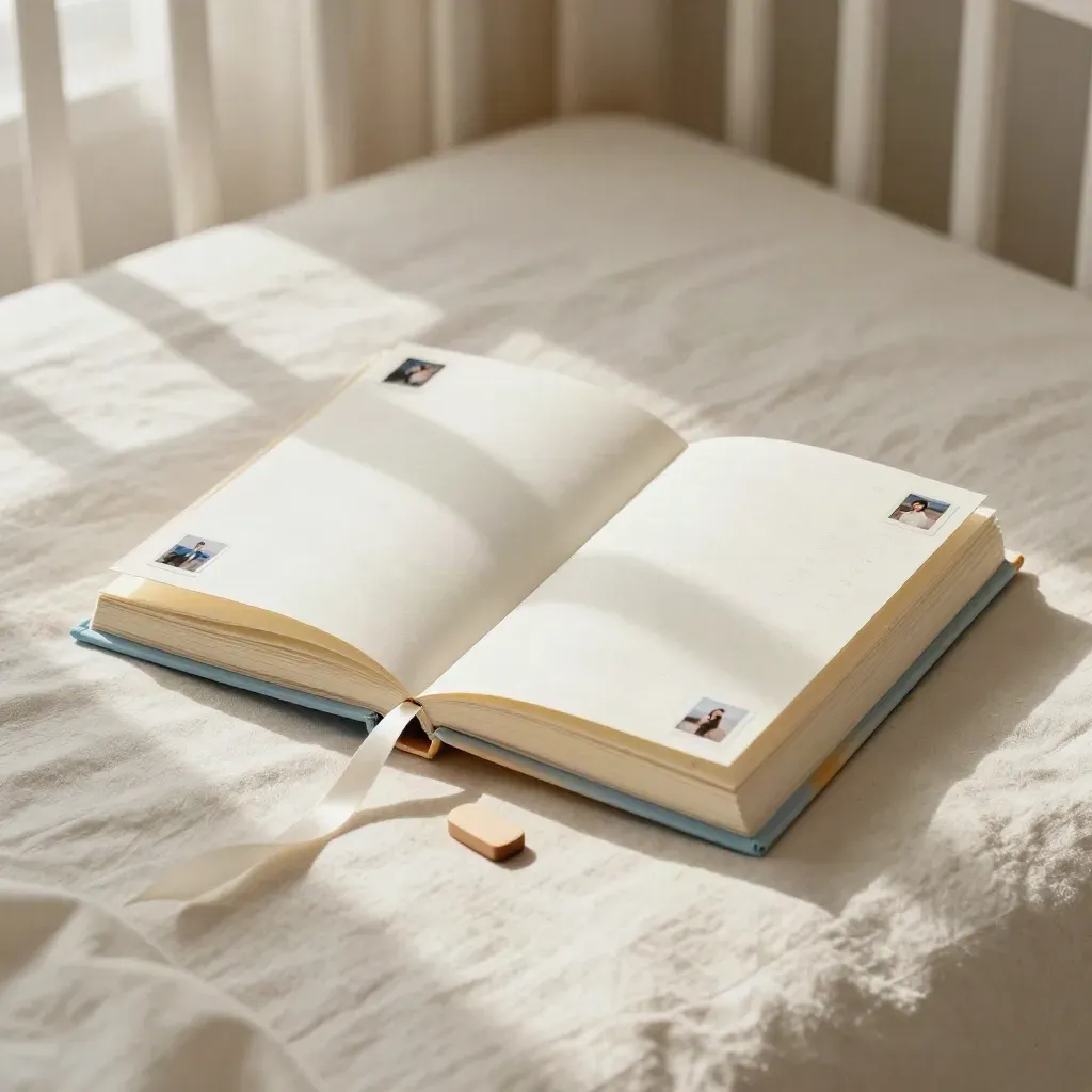 Open photo book with ribbon, tiny prints, and a wooden clip on linen