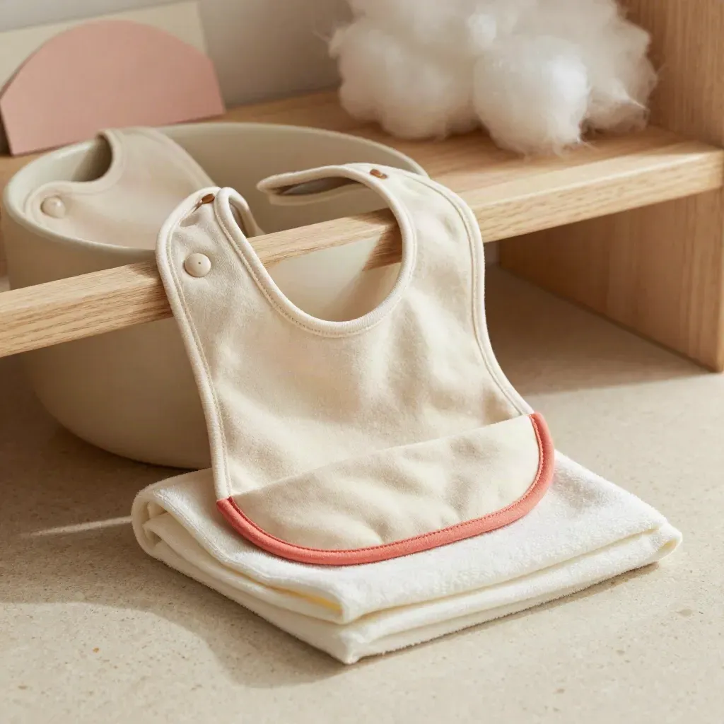Four pastel baby bibs cascading from a cream bowl beside a folded swaddle in soft nursery light.
