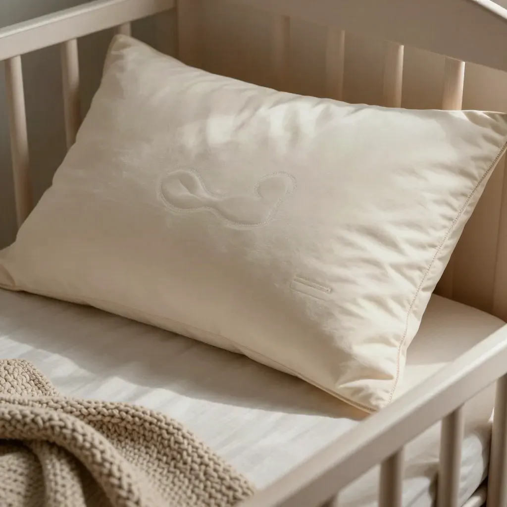 Cream nursery name pillow and knitted throw in a crib corner, lit in soft side light.