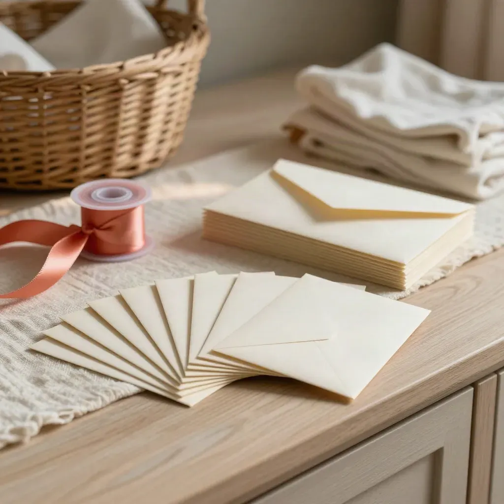 Face-down baby shower cards, envelopes, and a coral ribbon on a linen runner.