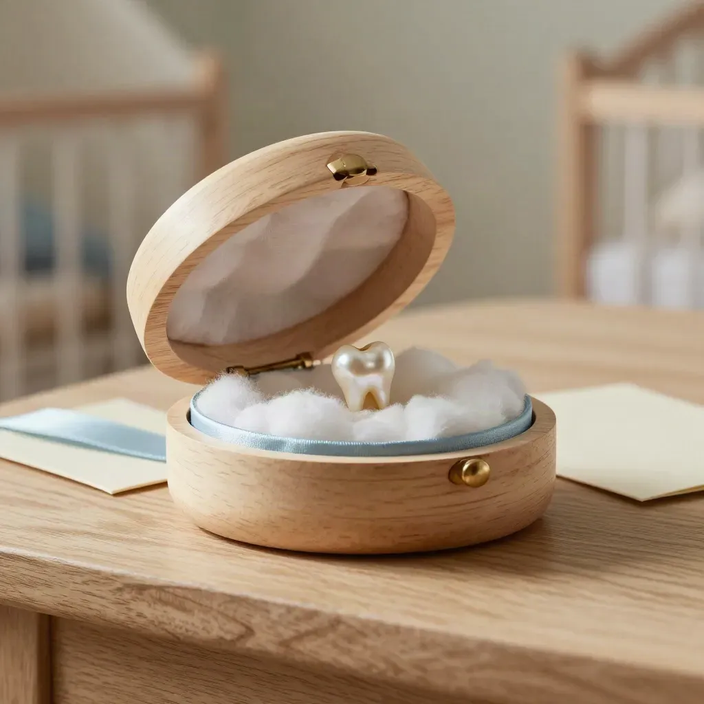 Round wooden first-teeth box with lifted lid, cotton lining, and tiny pearl tooth token