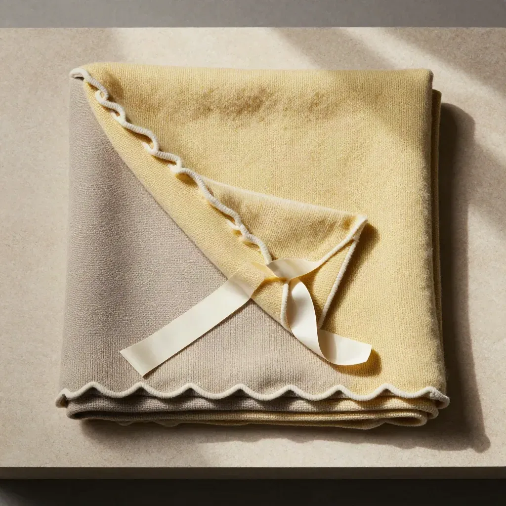 Overhead flatlay of a folded knit baby blanket with swatch and ribbon on pale stone.