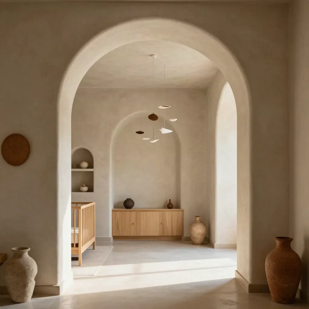 Arched nursery hallway with mobile, plaster curves, and calm copy space below