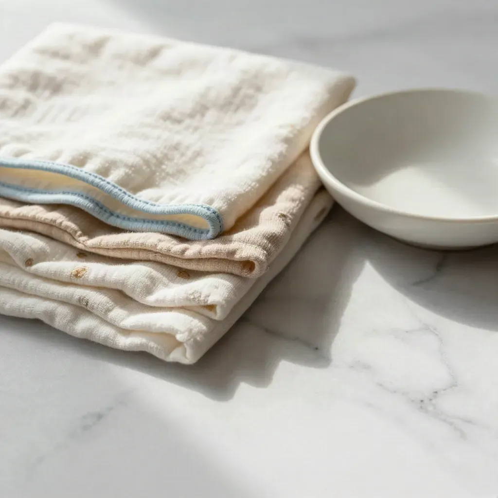 Folded muslin swatches and a ceramic dish on pale marble in soft morning light.