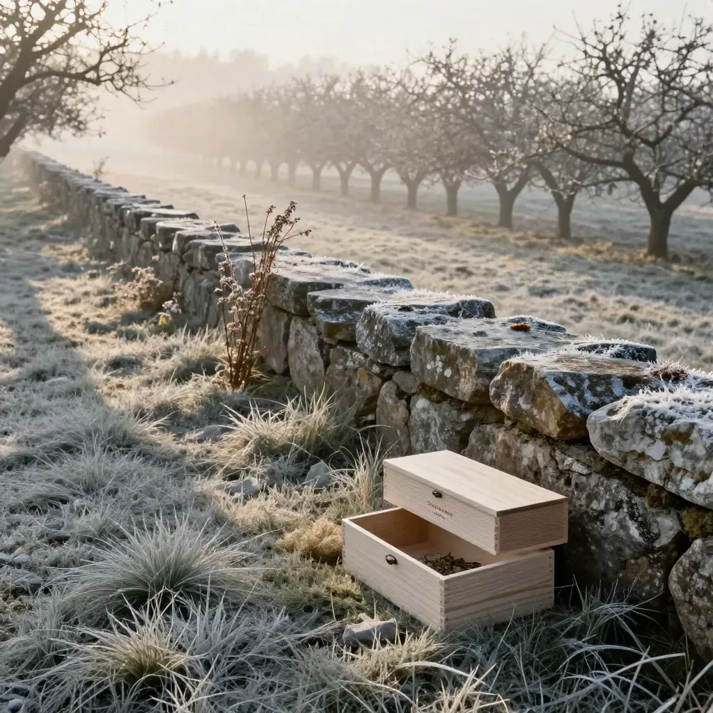 Orchard edge at dawn with a keepsake box on a stone ledge in mist