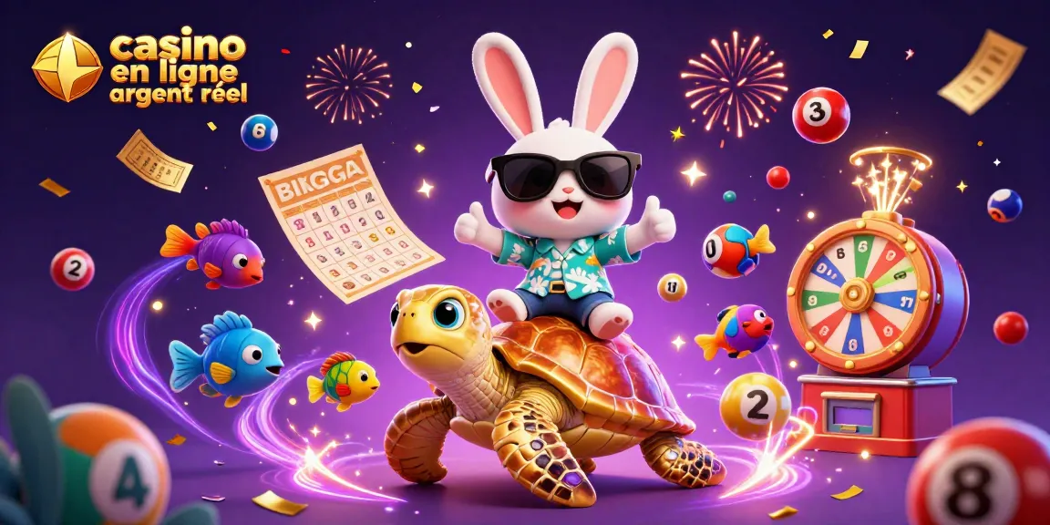 Jouez sur un casino en ligne argent réel avec une mascotte de lapin chanceux sur une tortue dorée.