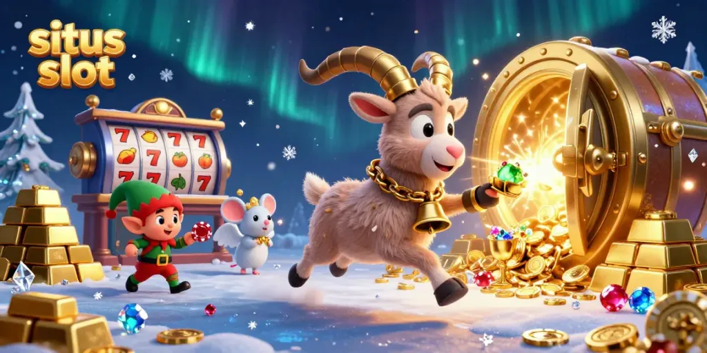 Situs slot showcases a festive casino scene with a Krampus goat, angel mouse, elf gremlins, and golden treasures.