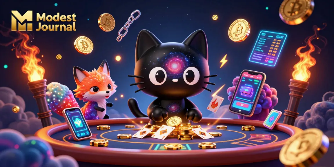 Play exciting games with Modest Journal at a cosmic casino, featuring vibrant characters and crypto elements.