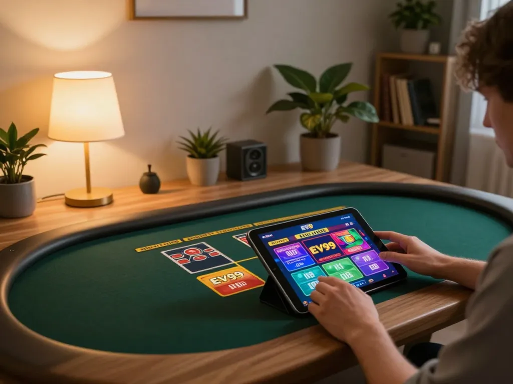 Engaging in gameplay on EV99 online casino app in a cozy home setting