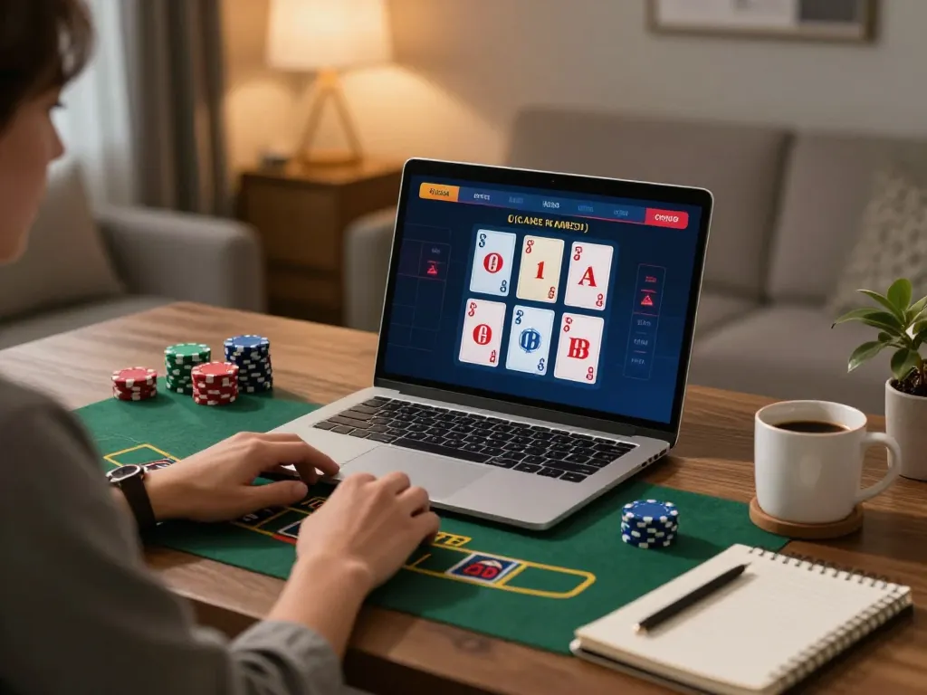 Player enjoying SC88 online blackjack, engaged in strategic gameplay at home setting.