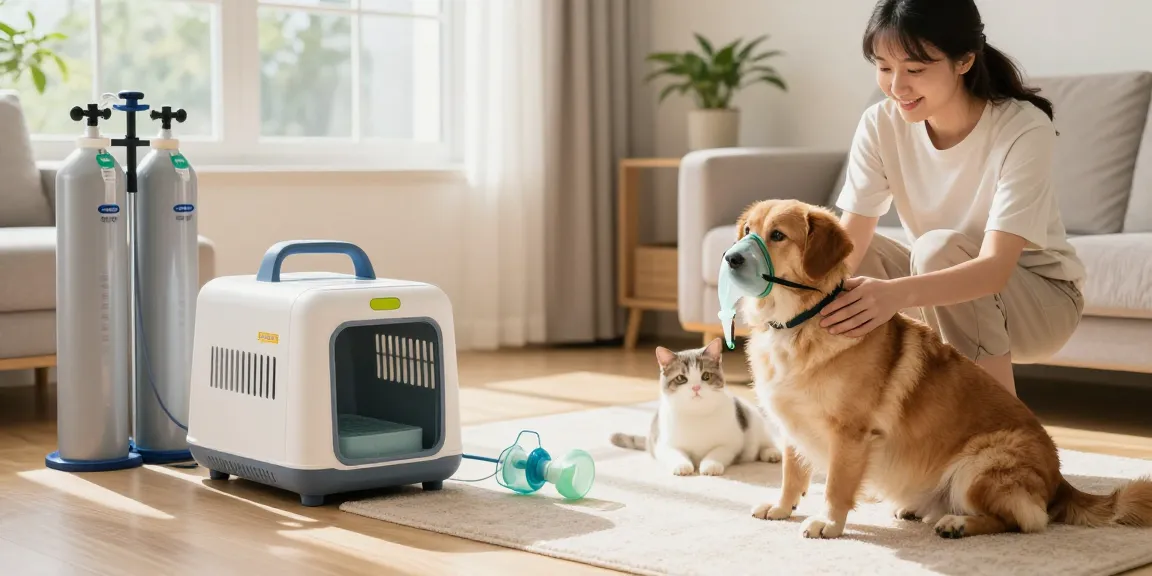 家用寵物氧氣方案 demonstrated with a pet owner assisting a dog with an oxygen mask in a spacious, well-lit living room.