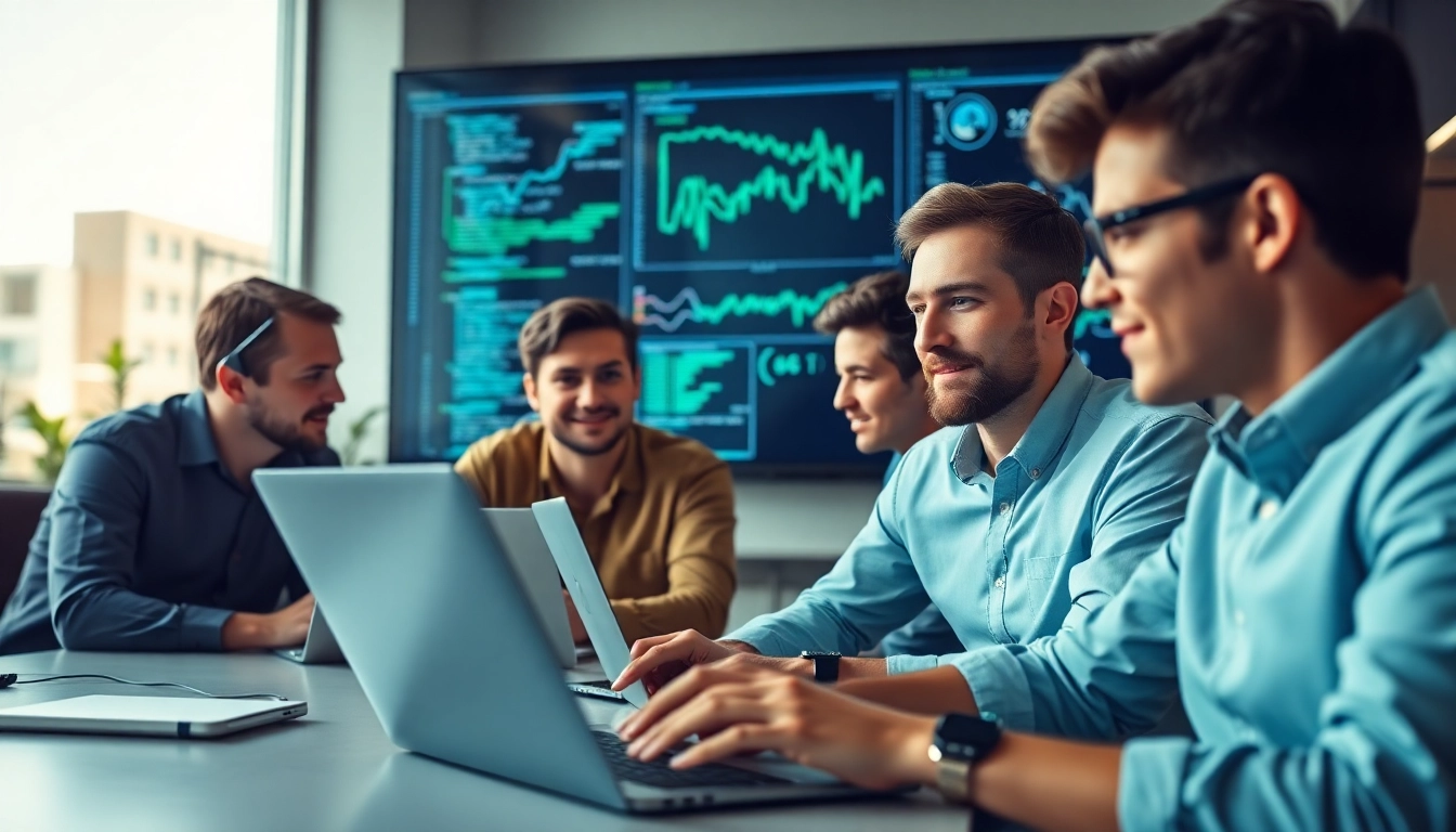 EORMC AI blockchain development team coding collaboratively in a modern office.