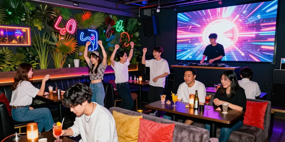 Vibrant nightlife at 상봉동 한국관나이트 with friends dancing and enjoying cocktails in a lively nightclub setting.