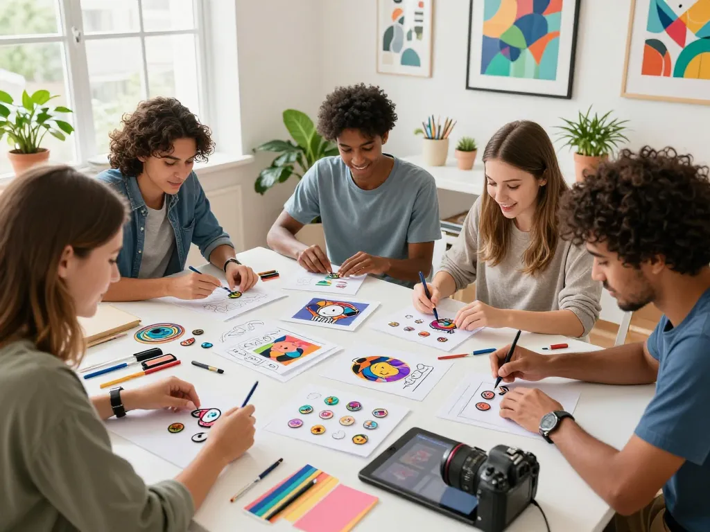 Custom acrylic pins displayed on a collaborative design table in a vibrant workspace, showcasing colorful designs and teamwork.