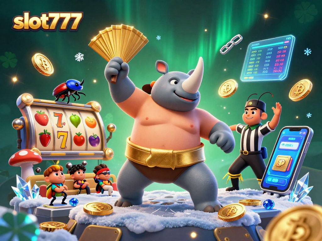 Engage with slot777 as a rhinoceros beetle champion dominates a vibrant casino scene.