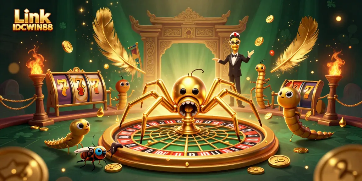 Engage with Link IDCWIN88, featuring a vibrant scene with a spider, croupier, and slot elements.
