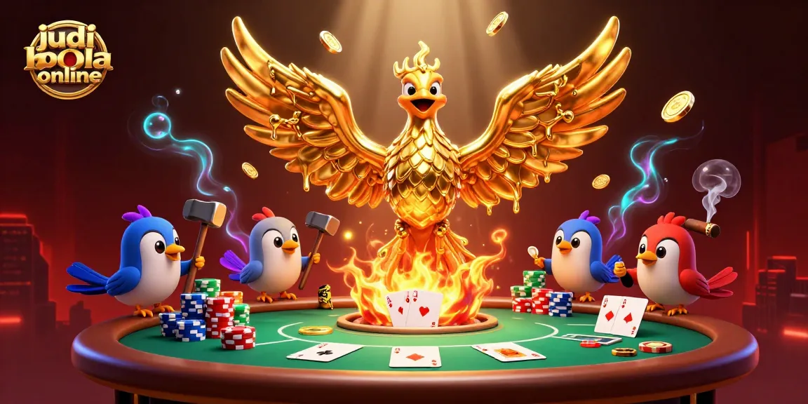 Experience thrilling judi bola online action amidst golden phoenix and poker elements.