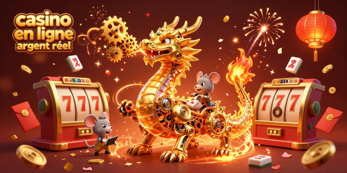 Casino en ligne argent réel avec des jeux de machines à sous, dragon mécanique et confettis dorés.