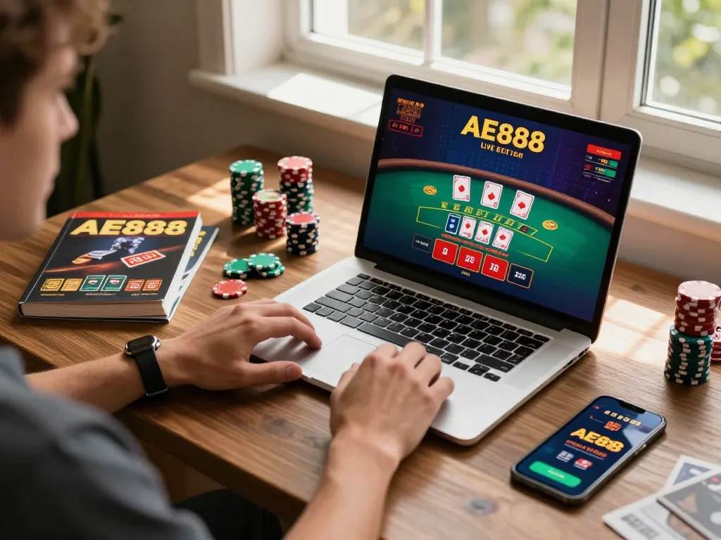 Engaging with AE888's live dealer games on a laptop, showcasing a dynamic online gaming setup.